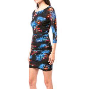 Diane von Furstenberg Stretchy Ruched Floral Mesh Dress - Black/Blue/Pink - M